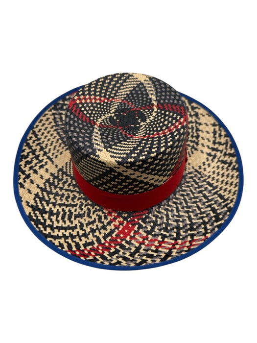 Blue, Red, & Black Straw Ribbon trim Abstract Print Sun Hat Blue, Red, & Black / S