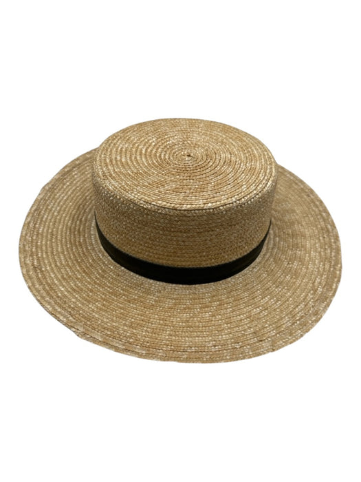 Janessa Leone Beige & Black Straw Flat Crown Leather Band Woven Sun Hat Beige & Black / S