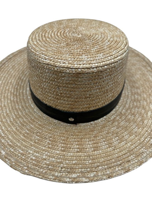 Janessa Leone Beige & Black Straw Flat Crown Leather Band Woven Sun Hat Beige & Black / S