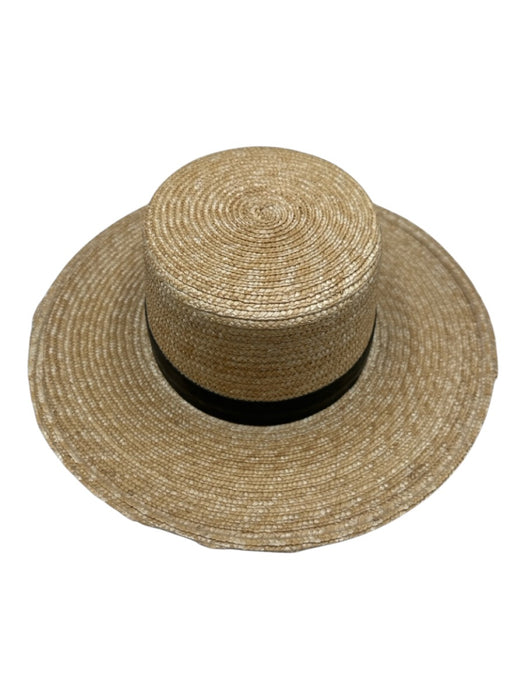 Janessa Leone Beige & Black Straw Flat Crown Leather Band Woven Sun Hat Beige & Black / S