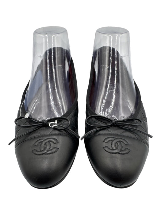 Chanel Shoe Size 39 Black Leather Quilted Cap Toe Bow Detail Ballet Flats Black / 39