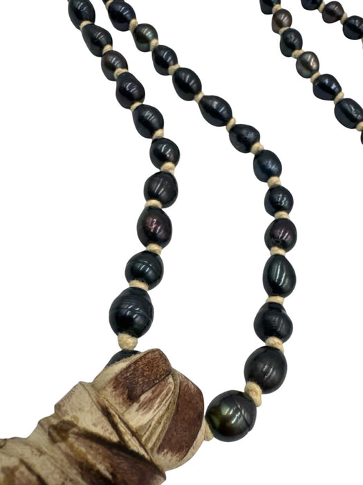 No Brand Dark Blue & Beige Leather & Pearl Tassel Long Necklace Dark Blue & Beige
