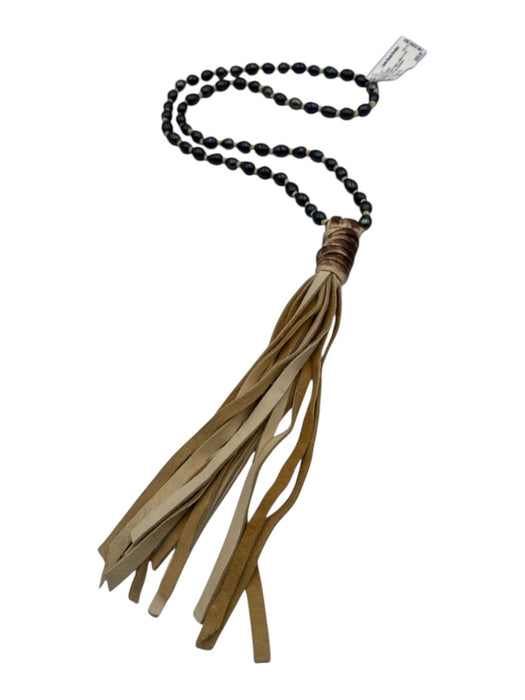 No Brand Dark Blue & Beige Leather & Pearl Tassel Long Necklace Dark Blue & Beige