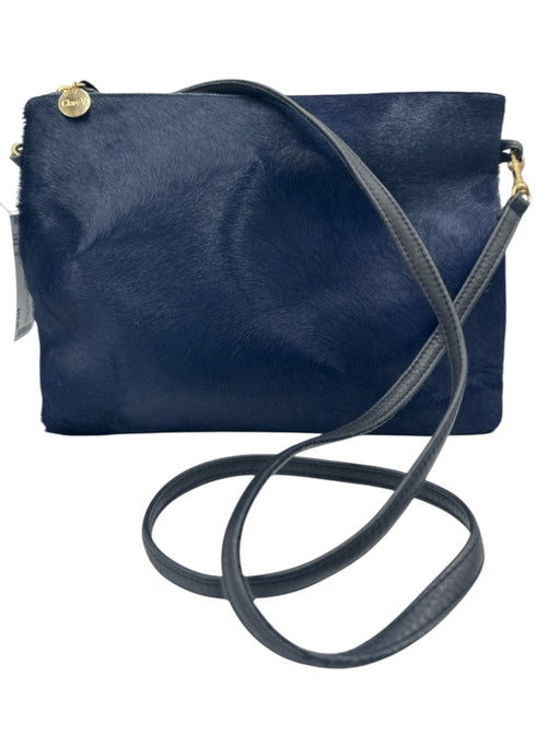 Clare V Dark Blue Pony Hair Gold Zipper Pouch Crossbody Bag Dark Blue / S