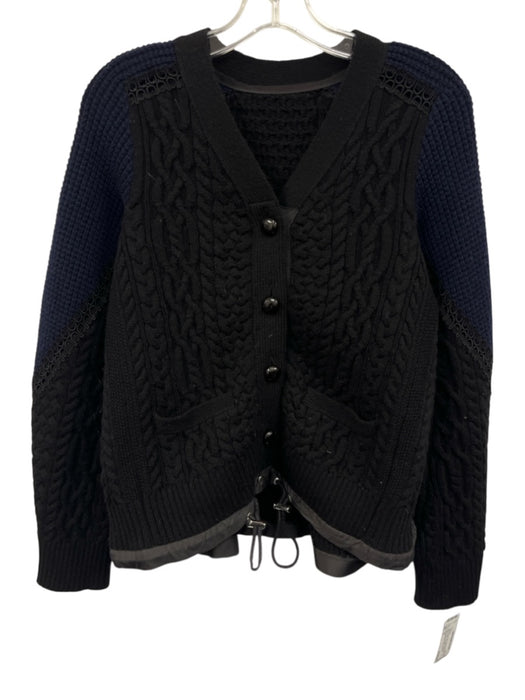 Sacai Size S Black & Navy Blue Cable Knit Two Tone Waist Cinch Cardigan Sweater Black & Navy Blue / S