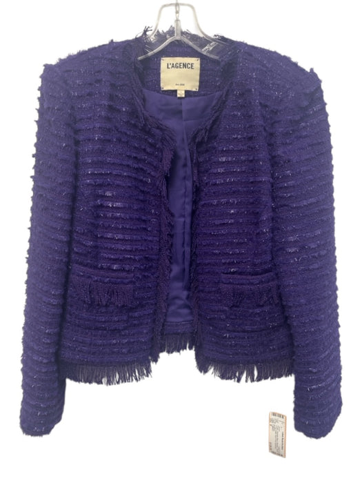 L'agence Size 8 Purple Polyester Blend Shimmer Tweed Fringe Detail Jacket Purple / 8