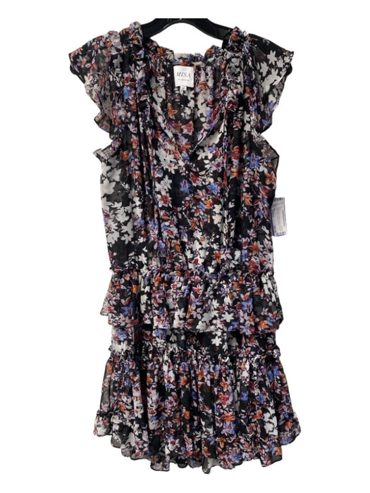 Misa Size Medium Black & Multi Viscose Floral Tie at Neck Ruffle Accent Dress Black & Multi / Medium