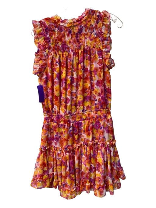 Misa Size Medium Orange & Purple Viscose Floral Tie at Neck Ruffle Accent Dress Orange & Purple / Medium