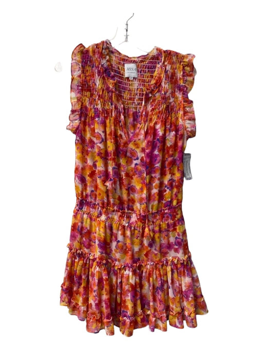 Misa Size Medium Orange & Purple Viscose Floral Tie at Neck Ruffle Accent Dress Orange & Purple / Medium