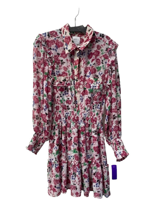 Misa Size Medium White, Red & Green Viscose Long Sheer Sleeves Floral Dress White, Red & Green / Medium