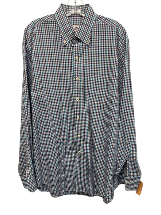 Peter Millar Size L Blue & Brown Cotton Plaid Button Up Men's Long Sleeve Shirt Blue & Brown / L