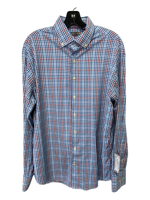 Peter Millar Size L Blue & Red Cotton Plaid Button Up Collared Long Sleeve Shirt L