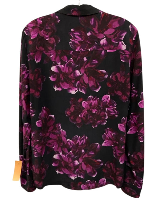 Equipment Size M Black & Purple Silk Long Sleeve Floral Print Buttons Collar Top Black & Purple / M
