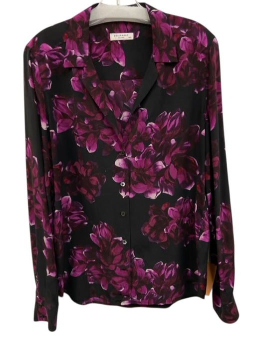 Equipment Size M Black & Purple Silk Long Sleeve Floral Print Buttons Collar Top Black & Purple / M