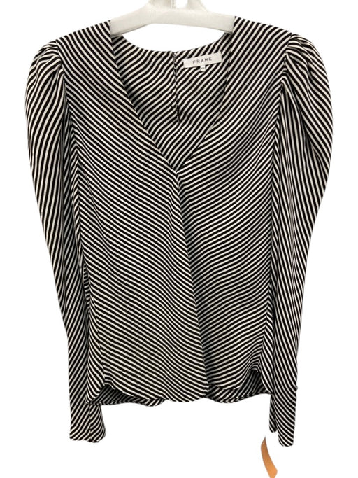 Frame Size M Black & White Silk Long puff sleeve Stripe V Neck Top Black & White / M