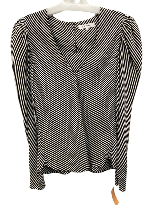 Frame Size M Black & White Silk Long puff sleeve Stripe V Neck Top Black & White / M