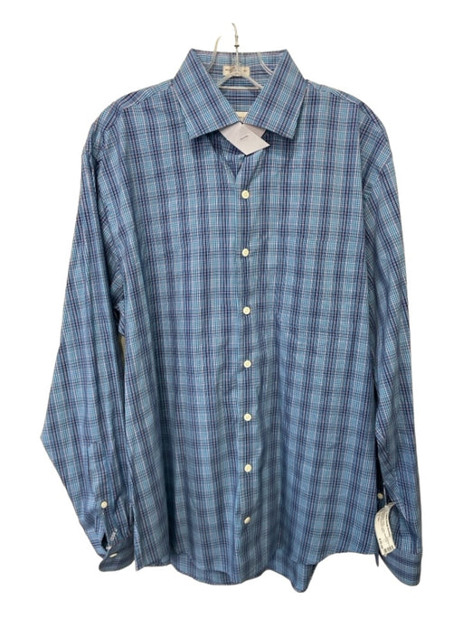 Peter Millar Size L Blue & White Cotton Plaid Button Up Men's Long Sleeve Shirt L
