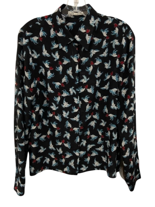 Alice + Olivia Size M Black, Blue, Red Silk Long Sleeve Dove & Heart Buttons Top Black, Blue, Red / M