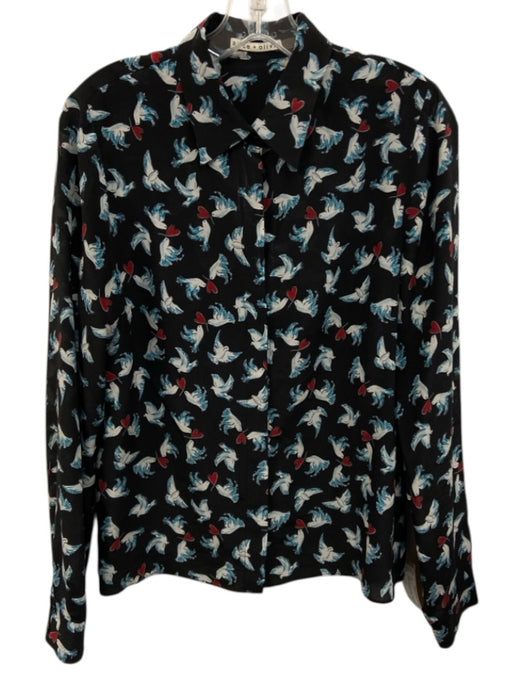 Alice + Olivia Size M Black, Blue, Red Silk Long Sleeve Dove & Heart Buttons Top Black, Blue, Red / M