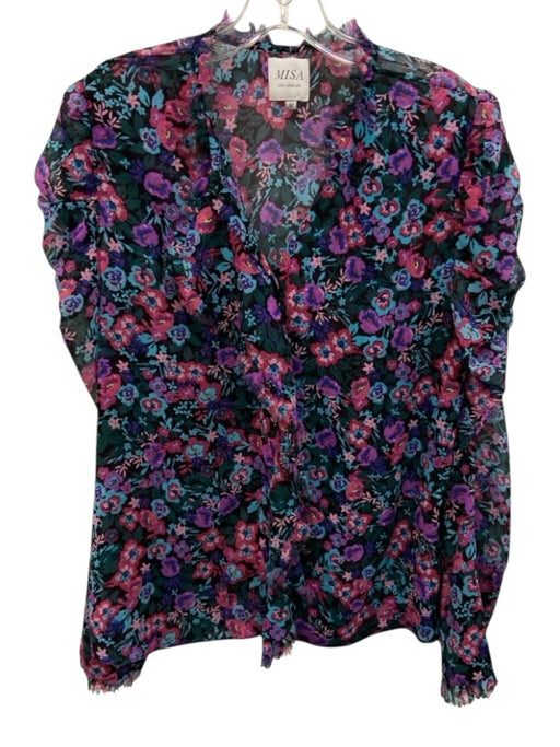 Misa Size M Green, Blue, Pink Polyester Long puff sleeve Floral Print Ruffle Top Green, Blue, Pink / M