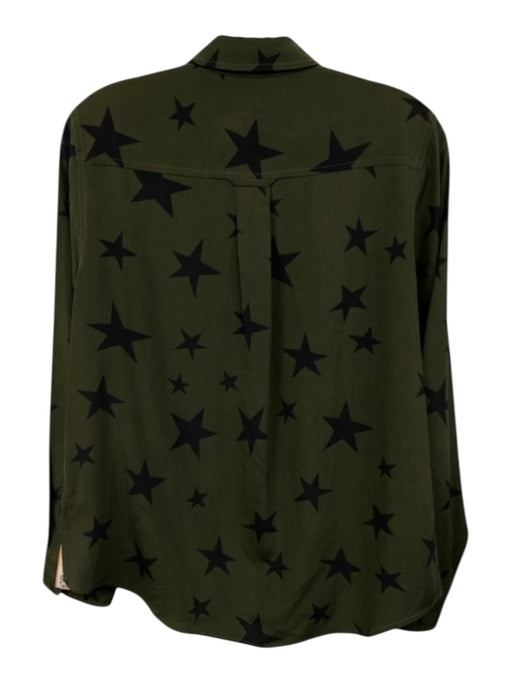Rails Size M Green & Black Silk Long Sleeve stars Buttons Collar Top Green & Black / M