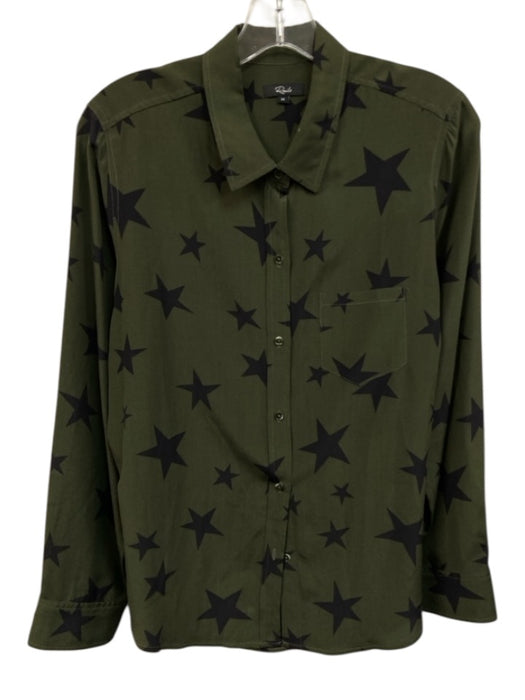 Rails Size M Green & Black Silk Long Sleeve stars Buttons Collar Top Green & Black / M