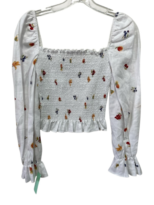 Reformation Size S White & Multi Linen Smocked Long Puff Sleeve Fruit Print Top White & Multi / S