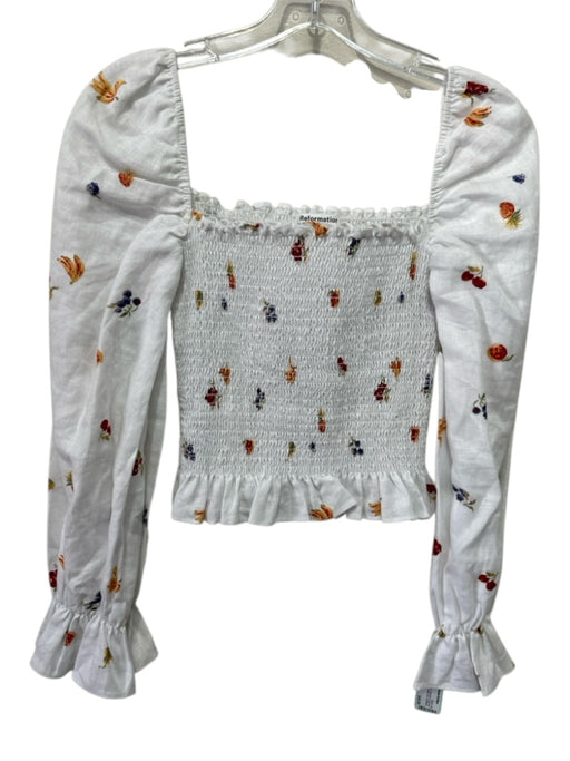 Reformation Size S White & Multi Linen Smocked Long Puff Sleeve Fruit Print Top White & Multi / S