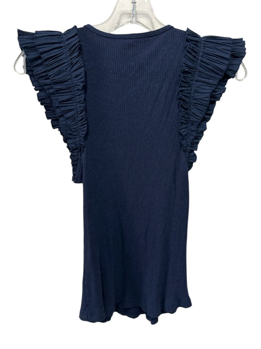 Ulla Johnson Size S Navy Blue Cotton & Modal Ruffle Cap Sleeve Pleated Tee Top Navy Blue / S