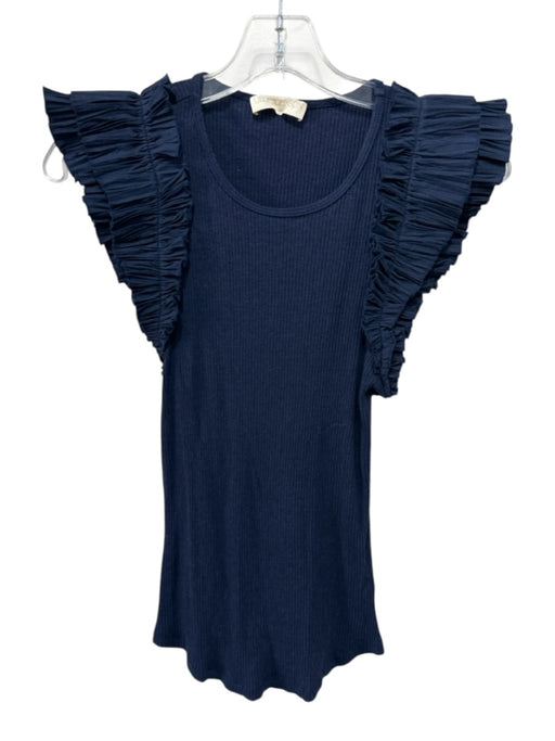 Ulla Johnson Size S Navy Blue Cotton & Modal Ruffle Cap Sleeve Pleated Tee Top Navy Blue / S