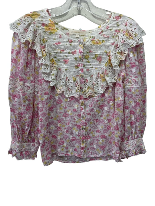 Loveshackfancy Size XS Pink, Yellow & White Cotton floral print Lace Ruffle Top Pink, Yellow & White / XS
