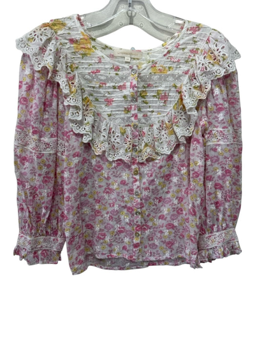 Loveshackfancy Size XS Pink, Yellow & White Cotton floral print Lace Ruffle Top Pink, Yellow & White / XS