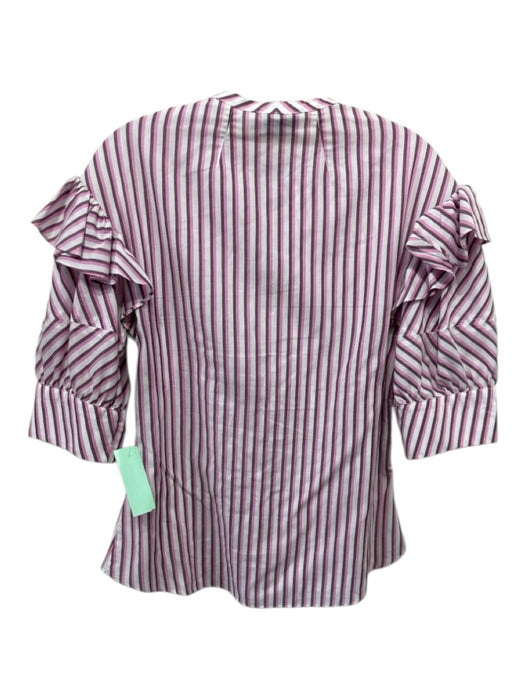 Tanya Taylor Size XS White & Purple Cotton & Tencel Striped Ruffle Detail Top White & Purple / XS