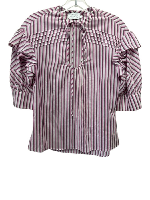 Tanya Taylor Size XS White & Purple Cotton & Tencel Striped Ruffle Detail Top White & Purple / XS