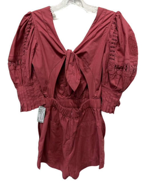 Sea New York Size XS Rose Red Cotton Short Puff Sleeve Crochet Lace Mini Romper Rose Red / XS