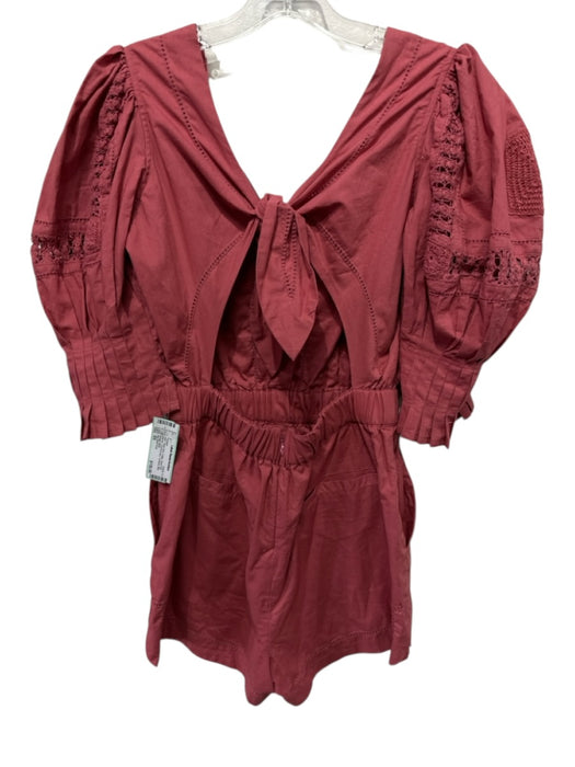 Sea New York Size XS Rose Red Cotton Short Puff Sleeve Crochet Lace Mini Romper Rose Red / XS