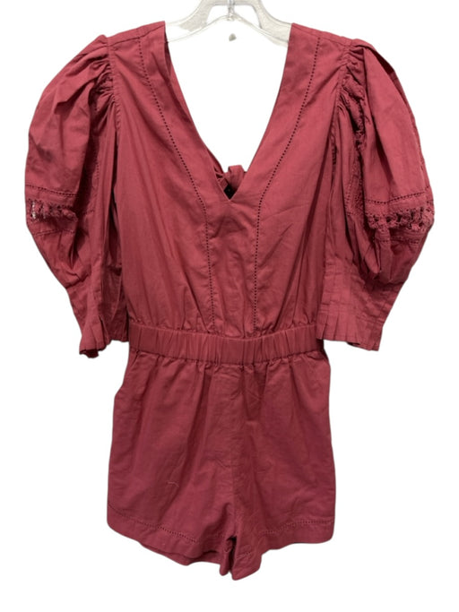 Sea New York Size XS Rose Red Cotton Short Puff Sleeve Crochet Lace Mini Romper Rose Red / XS
