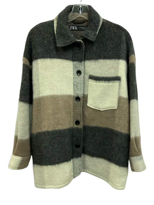Zara Size XS Cream & Multi Polyester & Wool Checked Button Up Long Sleeve Jacket Cream & Multi / XS
