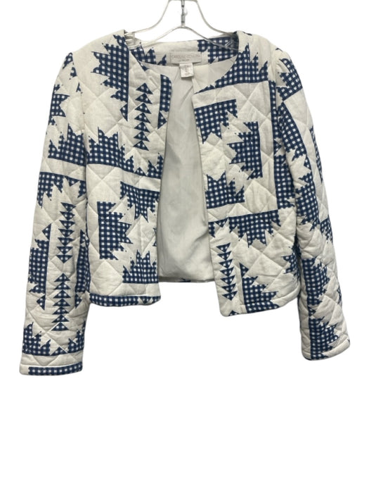 Caroline Constas Size S White & Blue Linen & Rayon Open Front Quilted Jacket White & Blue / S