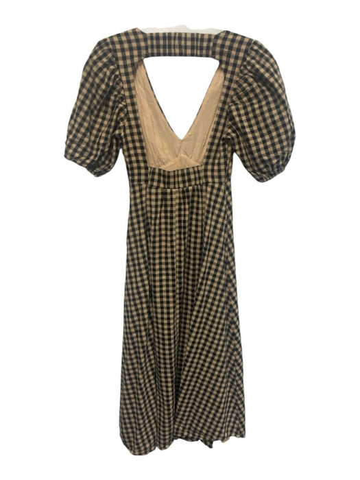 Dissh Size 6 Tan & black Cotton Open Back Gingham Check Puff Sleeves Dress Tan & black / 6
