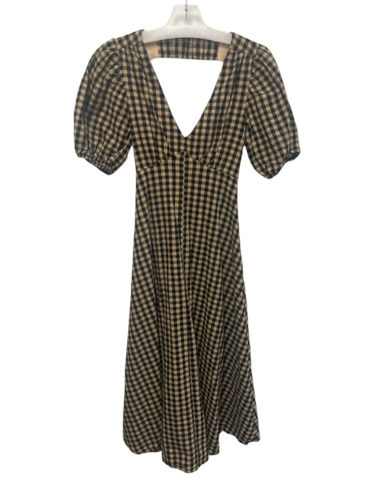 Dissh Size 6 Tan & black Cotton Open Back Gingham Check Puff Sleeves Dress Tan & black / 6
