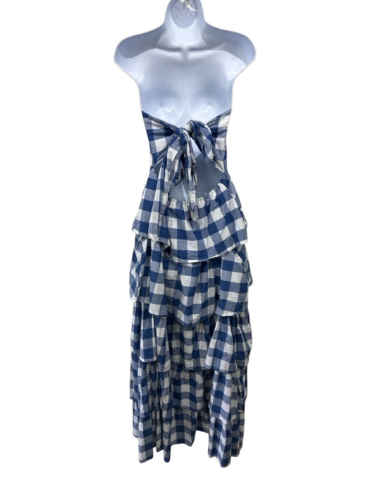 Sue Sartor Size S Blue & White Cotton Gingham Strapless Tie Back Ruffle Dress Blue & White / S