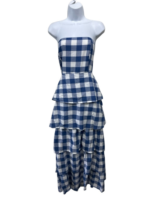 Sue Sartor Size S Blue & White Cotton Gingham Strapless Tie Back Ruffle Dress Blue & White / S