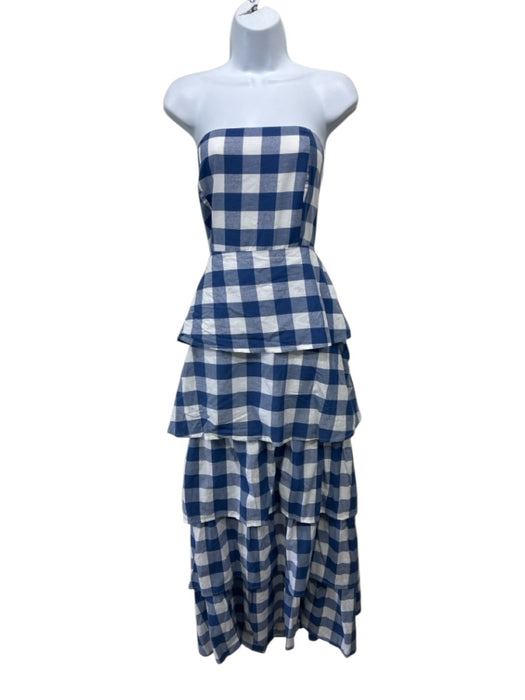 Sue Sartor Size S Blue & White Cotton Gingham Strapless Tie Back Ruffle Dress Blue & White / S