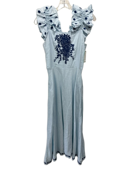 Fanm Mon Size S Light Blue & Navy Linen Embroidered Flowers Ruffle Straps Dress Light Blue & Navy / S