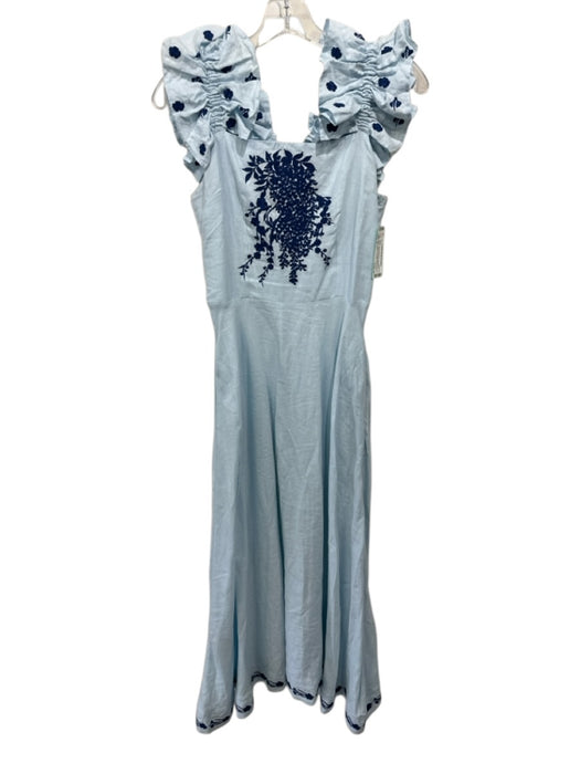 Fanm Mon Size S Light Blue & Navy Linen Embroidered Flowers Ruffle Straps Dress Light Blue & Navy / S