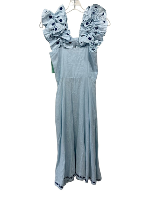 Fanm Mon Size S Light Blue & Navy Linen Embroidered Flowers Ruffle Straps Dress Light Blue & Navy / S