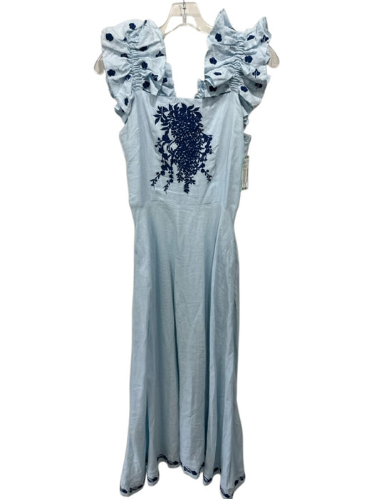 Fanm Mon Size S Light Blue & Navy Linen Embroidered Flowers Ruffle Straps Dress Light Blue & Navy / S
