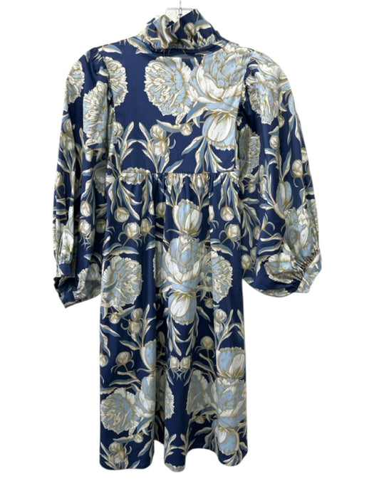 Emily McCarthy Size S Blue, White & Gold Cotton Blend Floral Collar Mini Dress Blue, White & Gold / S