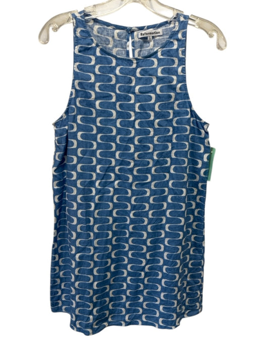 Reformation Size XS Blue & White Linen Abstract Geometric Sleeveless Midi Dress Blue & White / XS